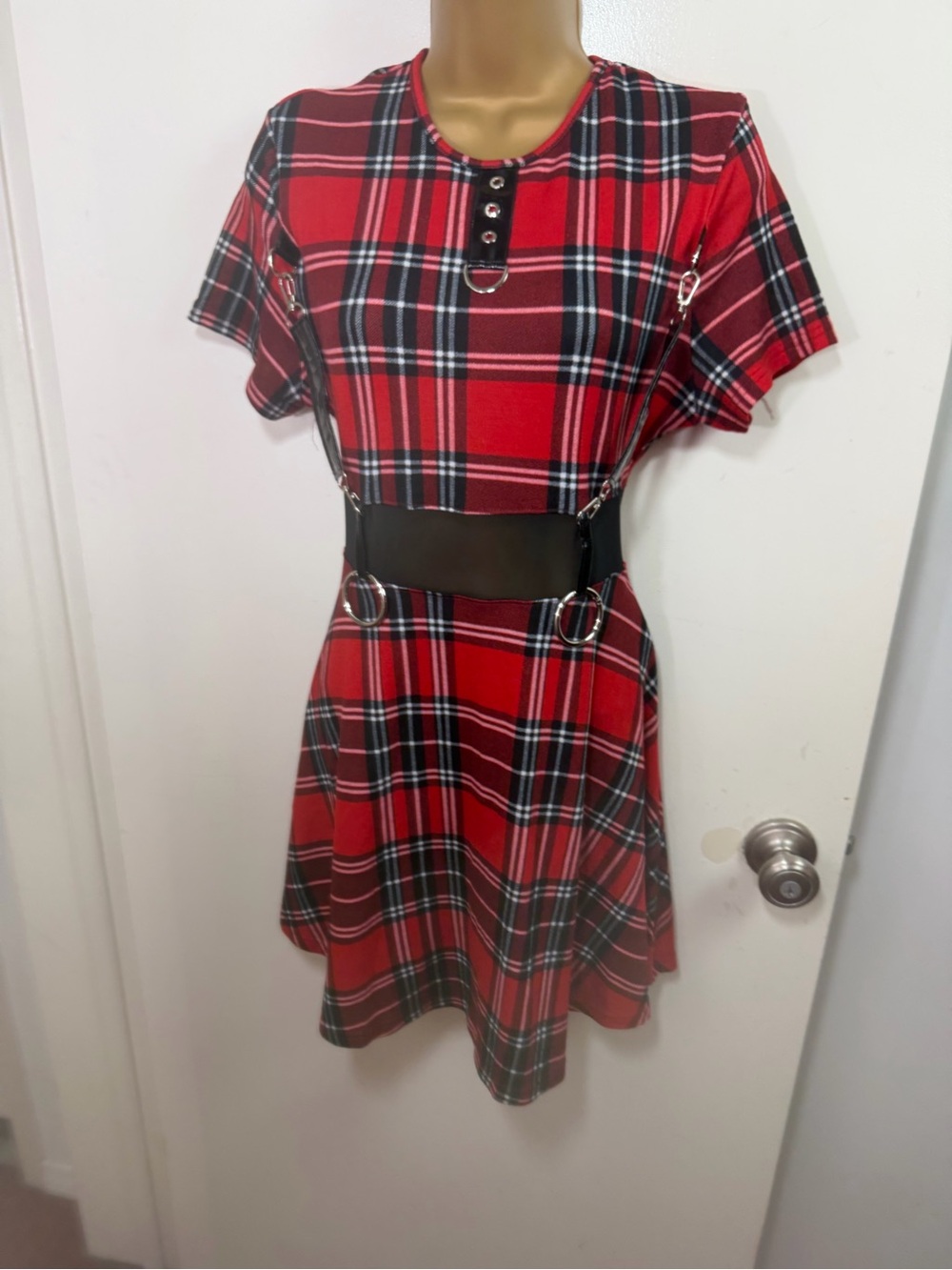 Devil Fashion X Dolls Kill Red Plaid Mesh Goth Punk Harness Dress S *NO CHAIN* - Picture 7 of 16